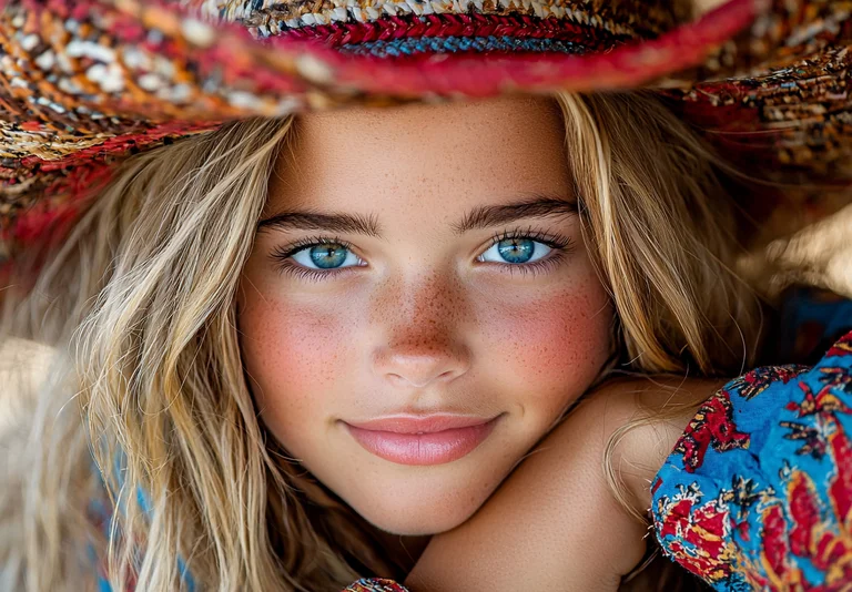 A close-up portrait of a young woman with striking blue eyes and