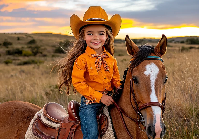 A young girl with long, flowing hair, wearing a cowboy hat and an