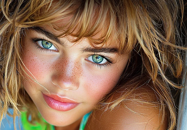 A close-up portrait of a young girl with striking blue-green eyes and