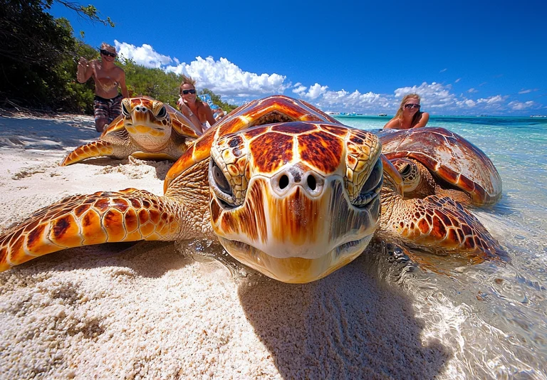 A close-up, low-angle shot captures three sea turtles on a sandy