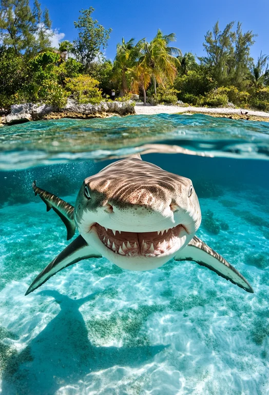 A tiger shark swims towards the camera in crystal clear turquoise