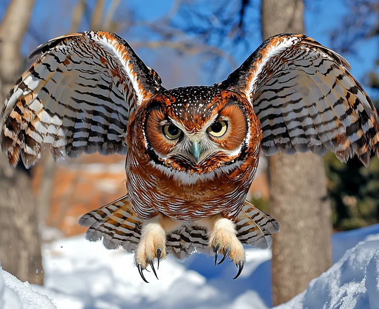 A majestic owl with its wings spread wide is captured mid-flight