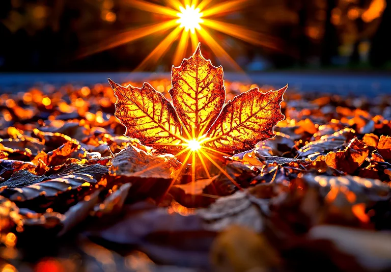 A single maple leaf, backlit by the sun, lies on a bed of fallen