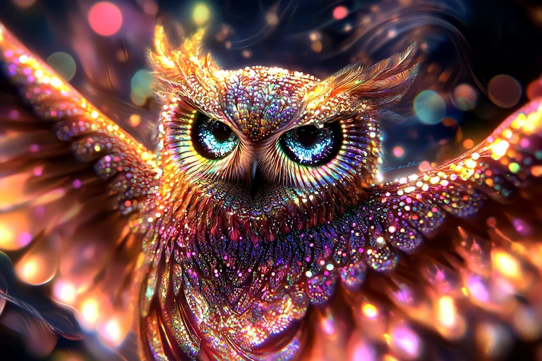 A close-up, highly detailed portrait of a majestic owl adorned with