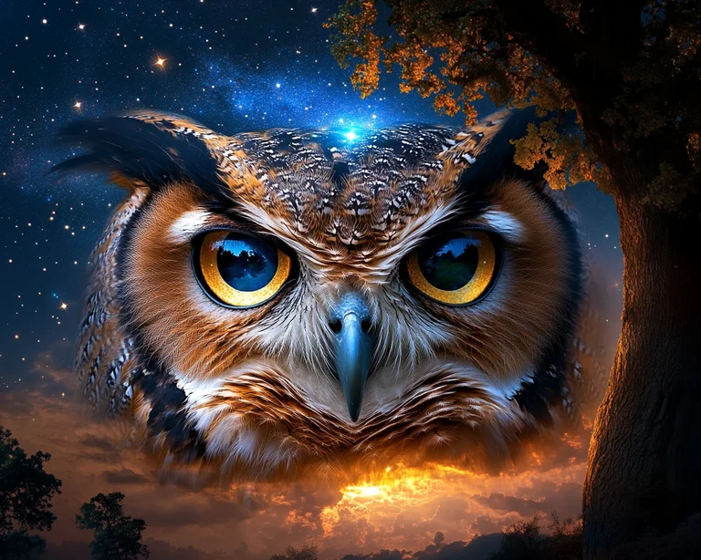 A majestic owl's face is shown in extreme close-up against a starry