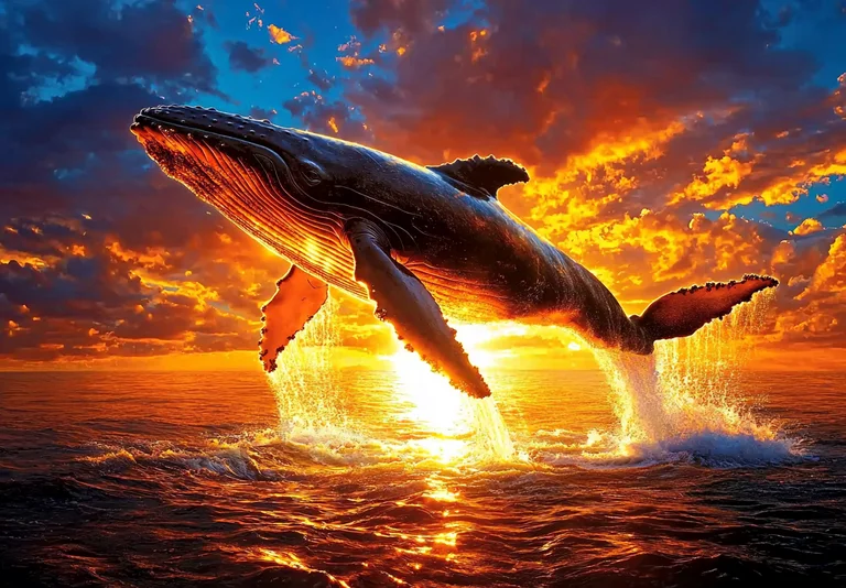 A majestic humpback whale breaches from the ocean during a dramatic