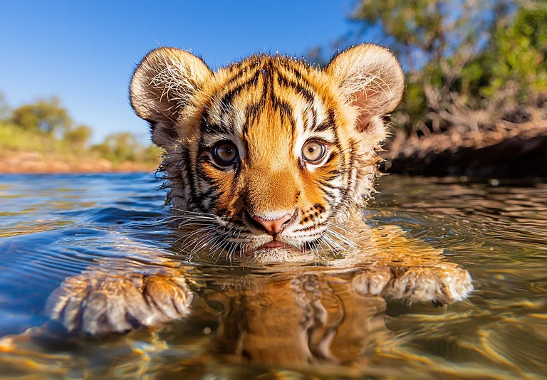 A close-up, photorealistic shot captures a young tiger cub emerging