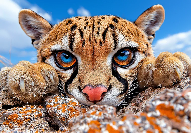 A close-up, low-angle shot of a young ocelot peeking over rocks