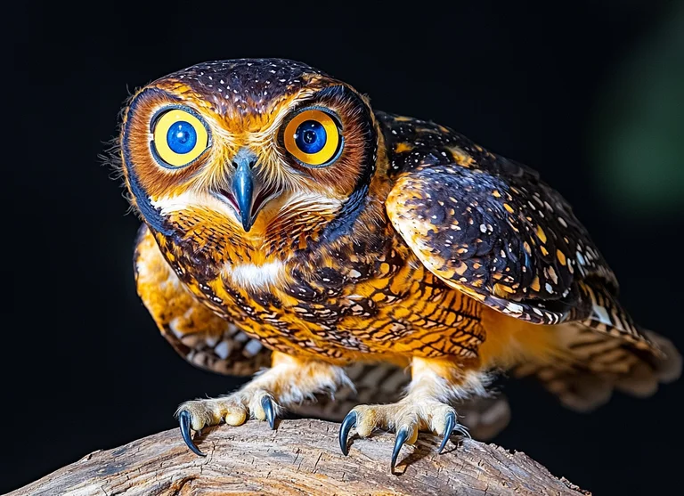 A close-up, photorealistic portrait of a spectacled owl perched on a