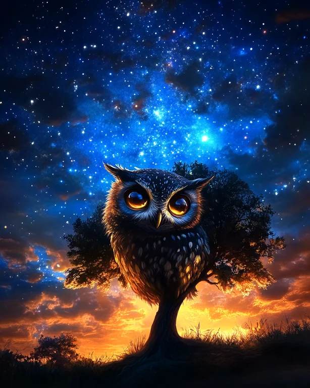 A majestic owl perches on a gnarled tree against a backdrop of a