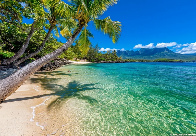 A serene tropical beach with crystal-clear turquoise water lapping
