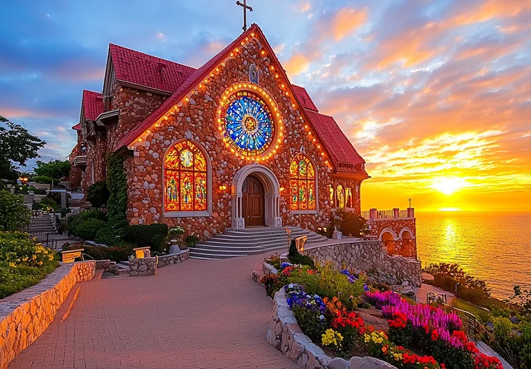 A picturesque stone church with a red roof is illuminated by