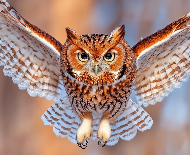 A close-up, photorealistic image of a screech owl in mid-flight