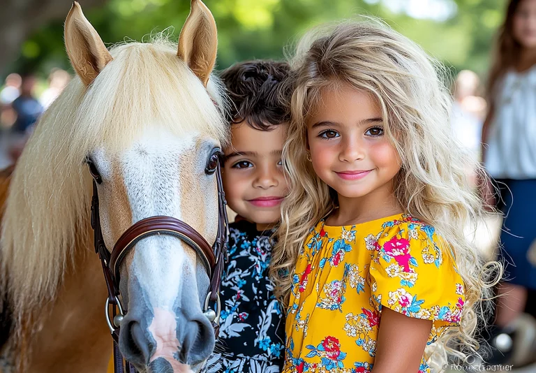 A beautiful blonde girl and a boy with dark curly hair are posing