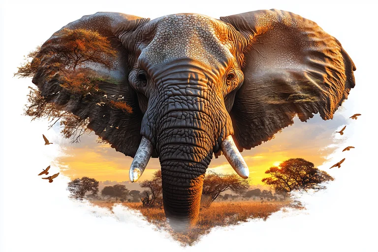 A majestic elephant's face is superimposed with a vibrant savanna