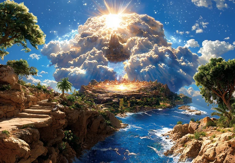 A breathtaking, epic fantasy landscape unfolds with a dramatic