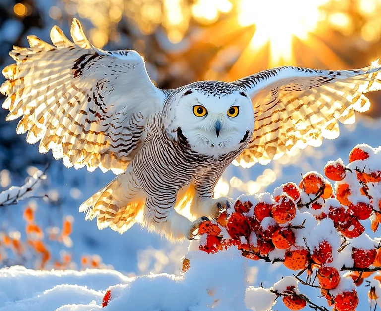 A majestic snowy owl with its wings spread wide is captured