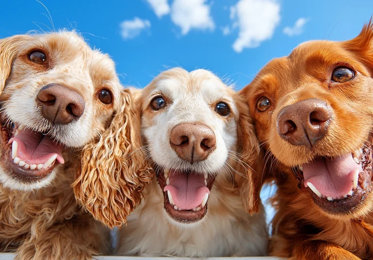 Three happy dogs are looking directly at the camera with their mouths