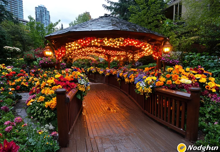 A wooden walkway curves through a vibrant garden filled with an