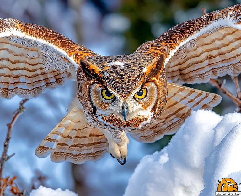 A great horned owl in mid-flight, captured from a low angle as it