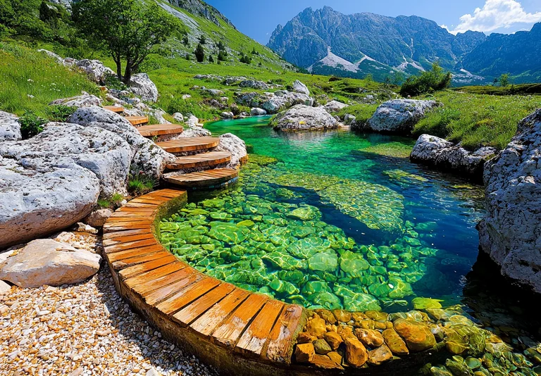 A crystal-clear turquoise pool is surrounded by natural rocks and a