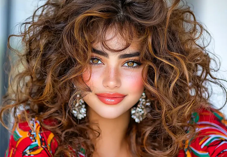 A close-up portrait of a young woman with voluminous, curly brown hair