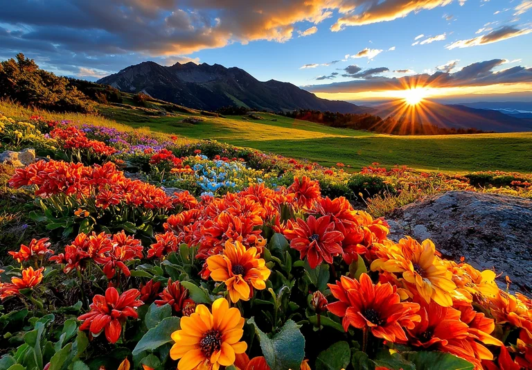 A vibrant alpine meadow is carpeted with a profusion of colorful
