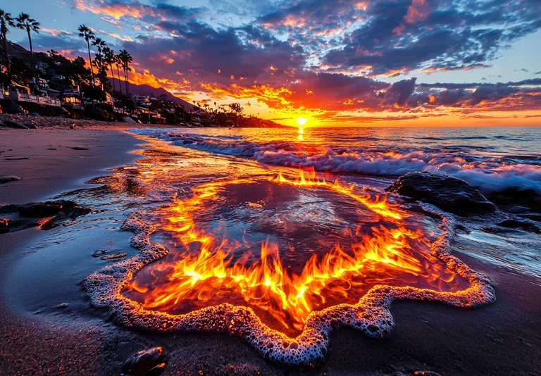 A surreal beach scene at sunset where the ocean water appears to be