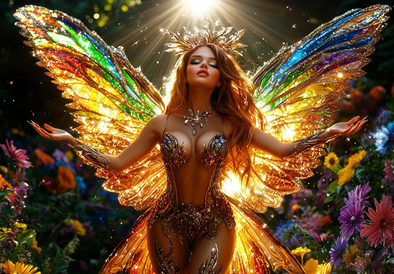 A radiant fairy with large, iridescent wings stands in a lush garden
