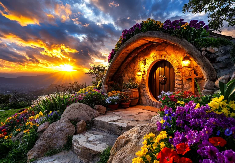 A charming hobbit-hole style dwelling is nestled into a hillside,