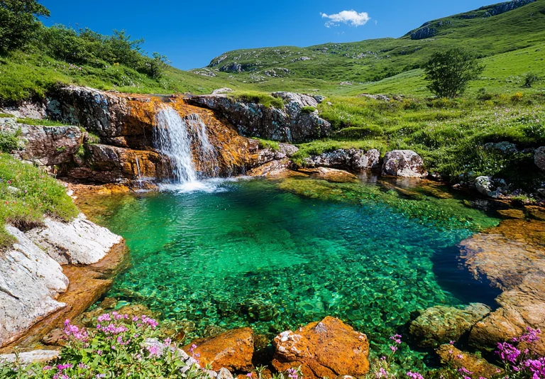 A stunning natural scene features a cascading waterfall flowing into