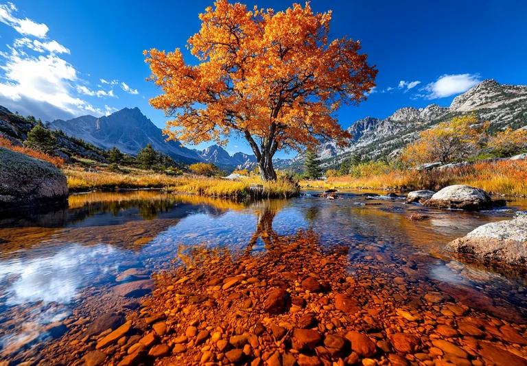 A vibrant autumn landscape featuring a large tree with bright orange
