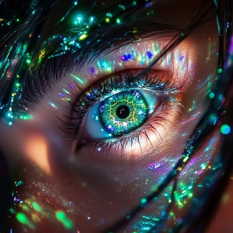 A close-up of a human eye, filled with a vibrant, swirling galaxy of