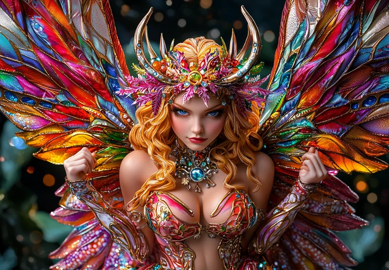 A stunningly detailed portrait of a fairy queen with vibrant,