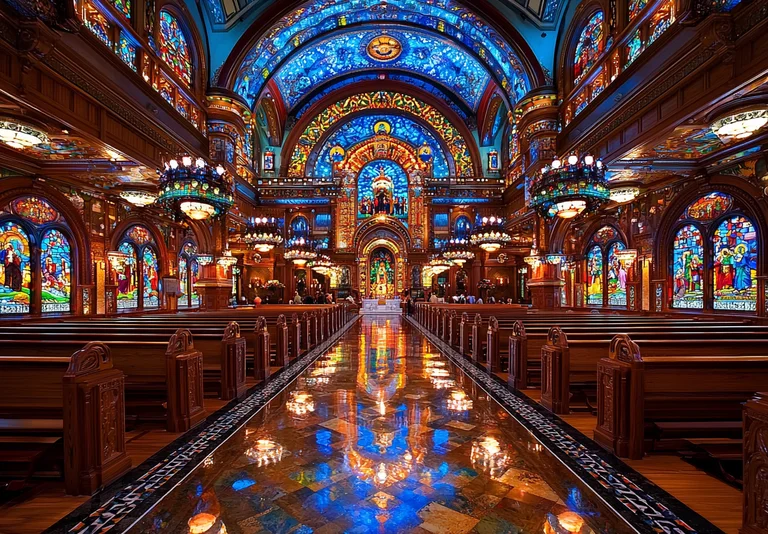 The interior of a grand church or cathedral, featuring ornate wooden