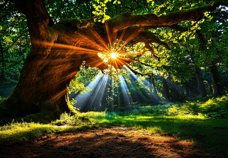 Sunbeams dramatically pierce through the canopy of a lush, green