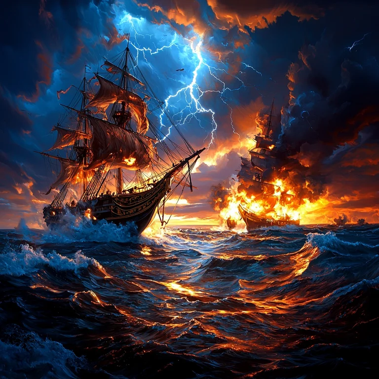 Two pirate ships are engaged in a fierce battle on a stormy sea