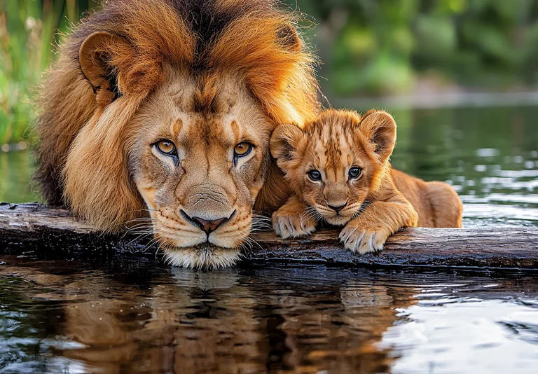 A majestic adult male lion and a small, adorable lion cub rest