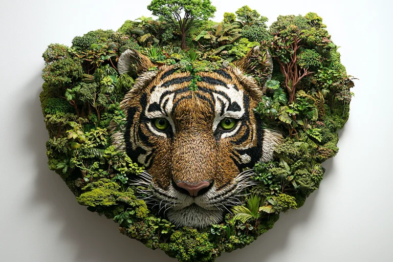 A highly detailed, textured sculpture of a tiger's face is