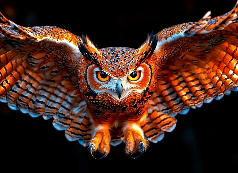 A majestic owl with vibrant orange and black plumage is captured in