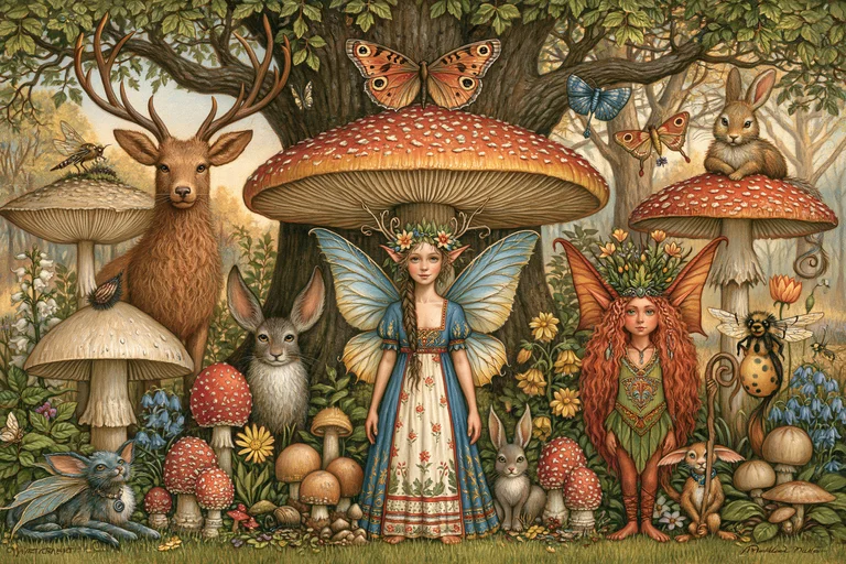 A whimsical fantasy scene set in a forest clearing, featuring a