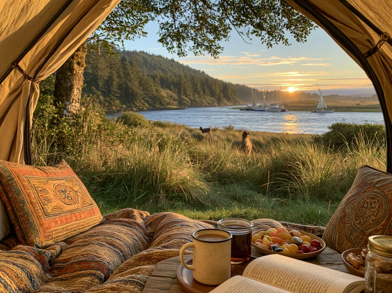 View from inside a tent looking out at a serene river scene during