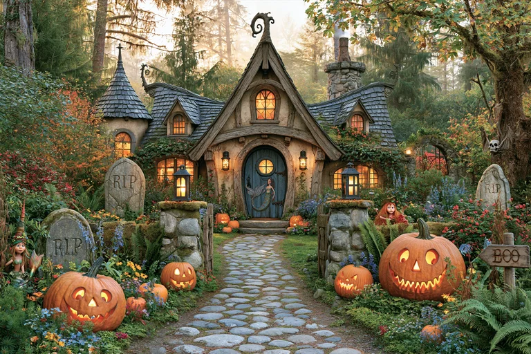 A whimsical, slightly spooky Halloween scene unfolds before a