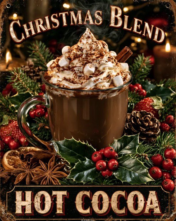 A steaming mug of hot cocoa topped with whipped cream, marshmallows,
