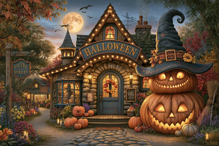 A charming, whimsical Halloween scene unfolds in front of a stone