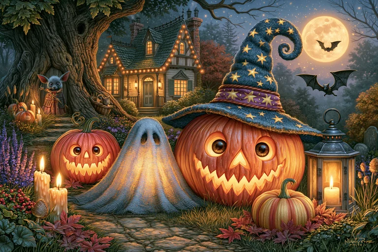 A whimsical Halloween scene unfolds at dusk, featuring a large