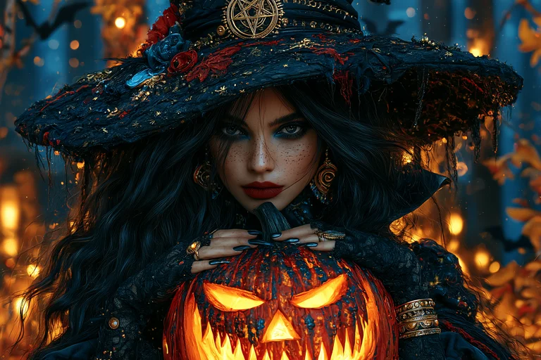 A striking witch with long, dark hair and intense blue eyes gazes