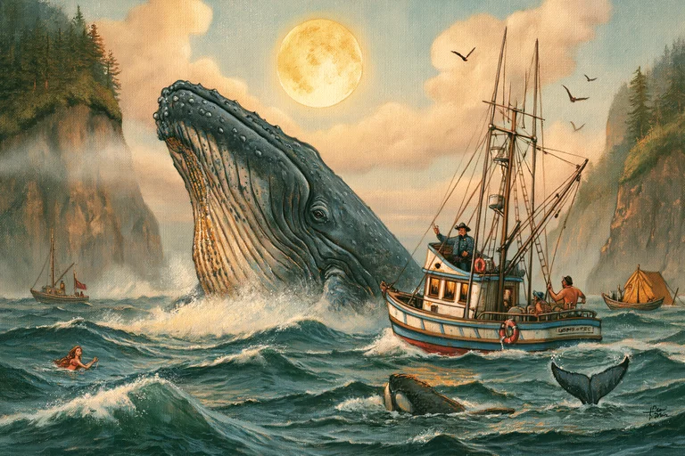 A dramatic scene unfolds in the ocean as a colossal humpback whale