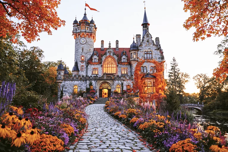 A majestic stone castle stands proudly amidst a vibrant autumn