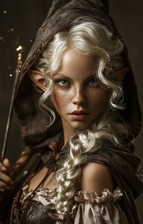 A young female elf with striking green eyes and a dusting of freckles